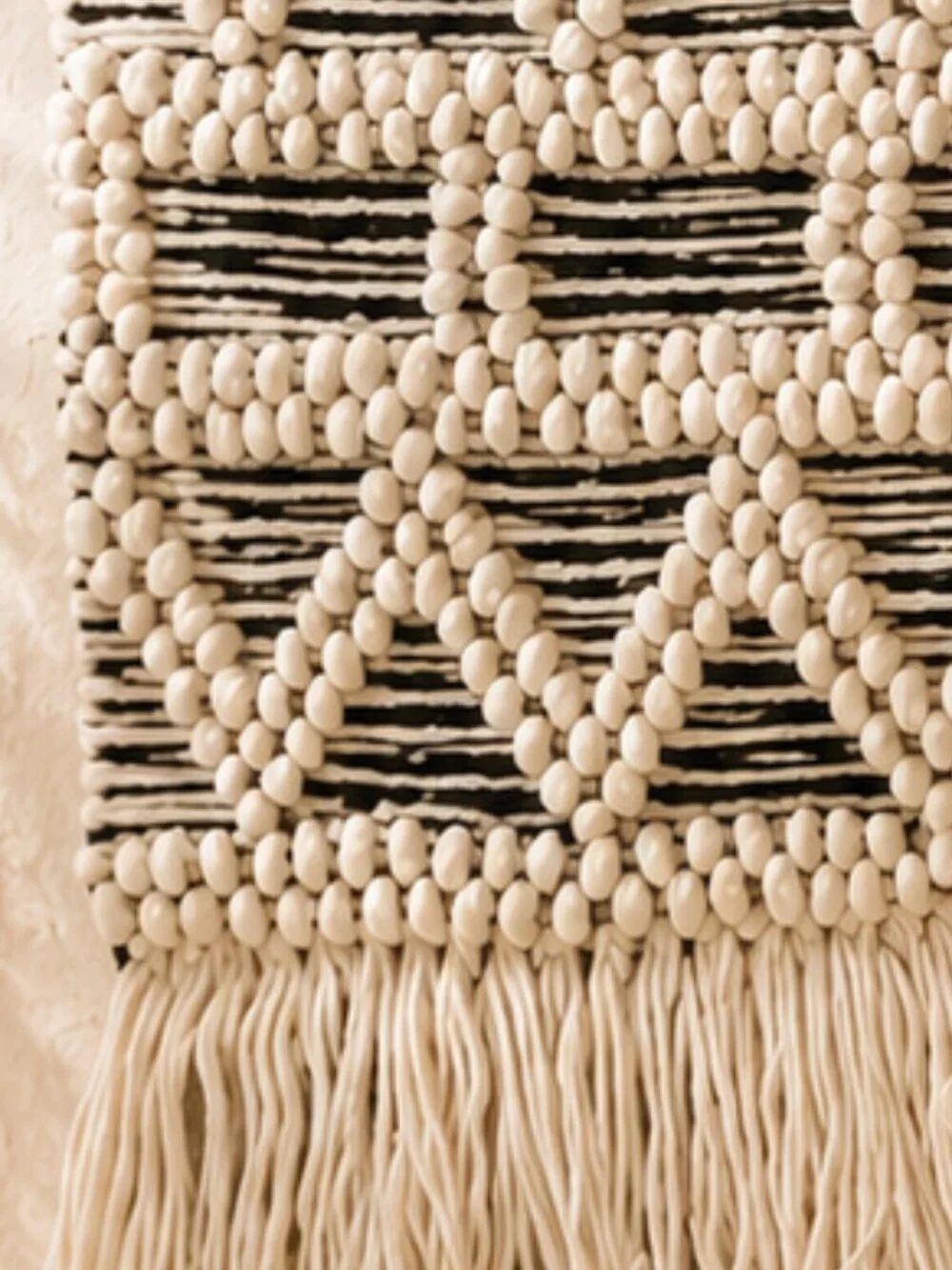 Woven Textured Black & Cream Macrame Geometric Pattern Bohemian Wall Tapestry